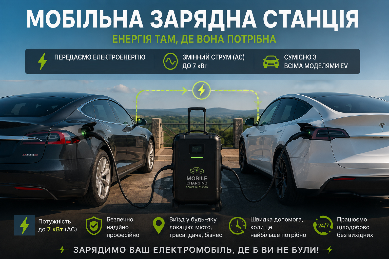 послуга виїзної мобільної зарядної станції для електромобілів змінним струмом до 7 кіловат